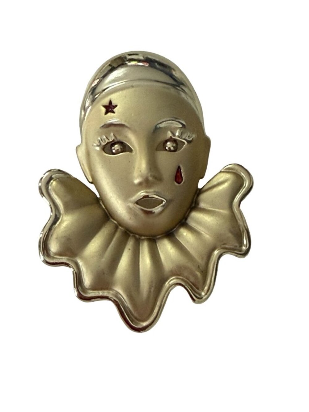 Vintage Pierrot Clown Brooch Gold Tone Red Tear Star Harlequin Face 2.5"